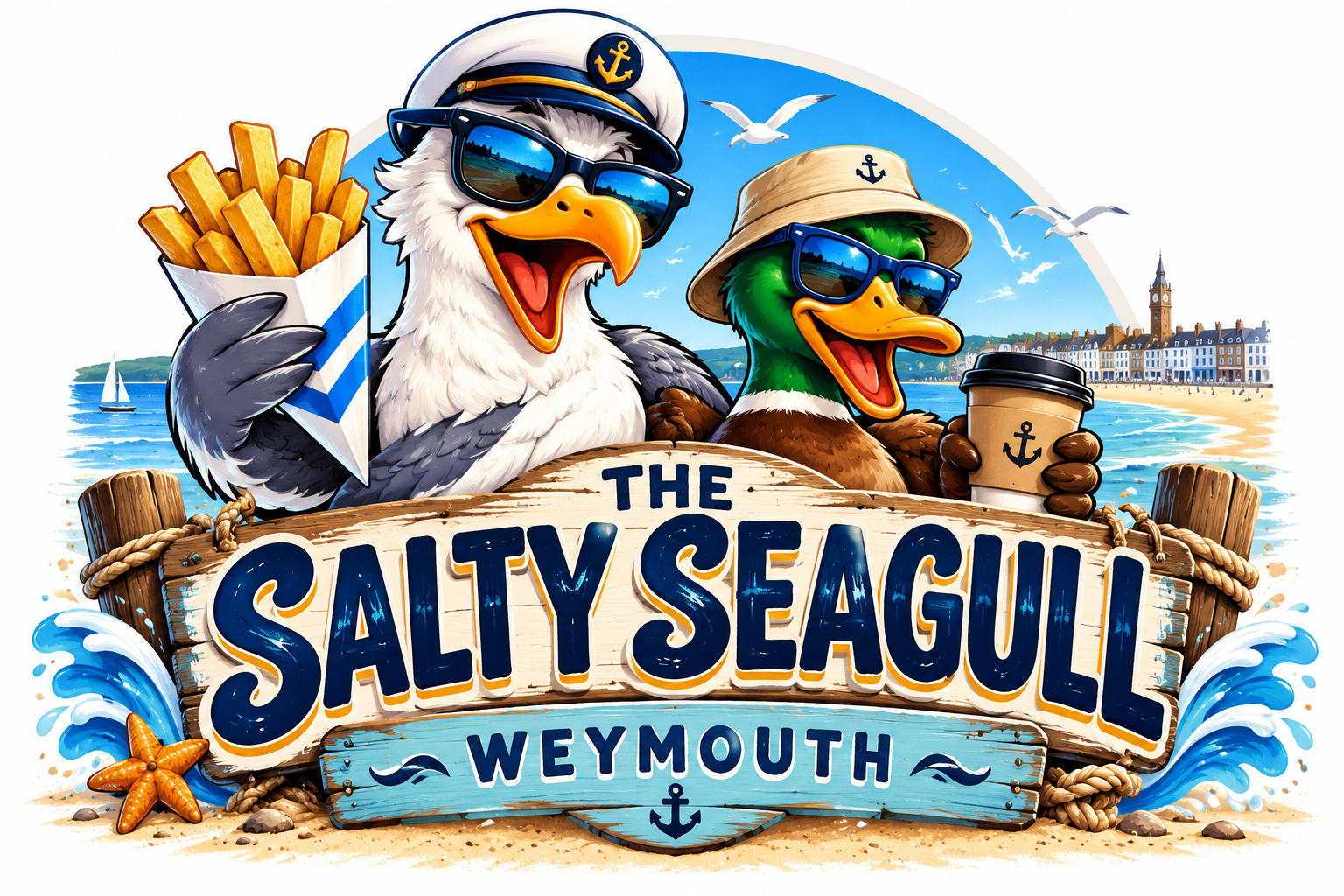The Salty Seagull Weymouth - seagull with chips and duck with coffee